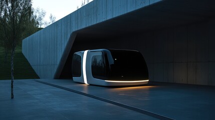 Poster - A futuristic shared autonomous vehicle glowing softly, parked in a minimalist modern space with ample blank space