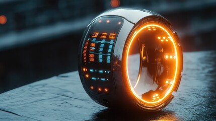 Poster - A futuristic wearable ring glowing with interactive data features, displayed on a sleek surface with ample copy space