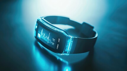 Poster - A futuristic wearable health tracker with a digital interface displayed on a clean surface, surrounded by soft lighting and copy space