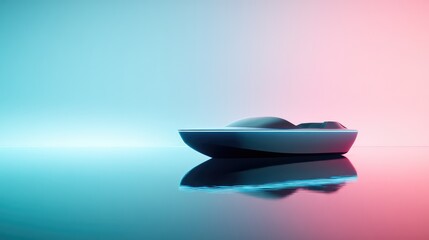 Poster - A glowing autonomous boat navigating a sleek futuristic harbor, placed on a minimalist background with ample copy space