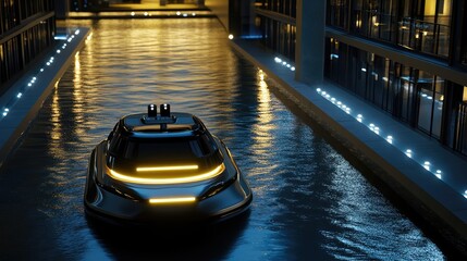 Poster - A glowing autonomous boat navigating a sleek futuristic harbor, placed on a minimalist background with ample copy space