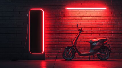 Poster - A glowing electric scooter charging station displayed in a minimalist urban environment with blank space