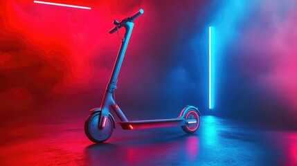 Poster - A high-tech electric scooter with sleek design and glowing indicators, resting on a minimalist street-like surface with copy space