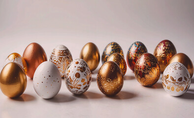 Aufkleber - Row of gold and white eggs with designs on them. Some are gold and some are white