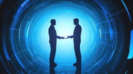 Poster - A modern holographic business deal concept glowing in a futuristic setting, placed against a clean digital background with ample blank space
