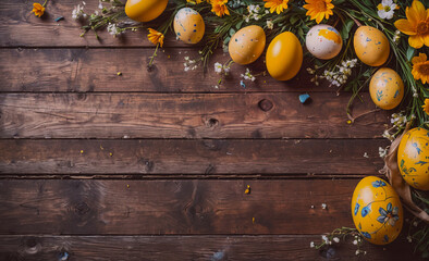 Aufkleber - Wooden table with a bunch of eggs and flowers on it. The eggs are yellow and the flowers are white