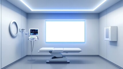 Poster - A modern telehealth station glowing subtly with futuristic tools, displayed in a minimalist healthcare setting with blank space