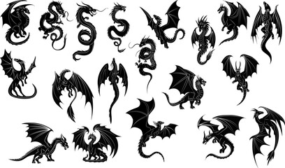 Wall Mural - set silhouette dragons, collection on white background vector