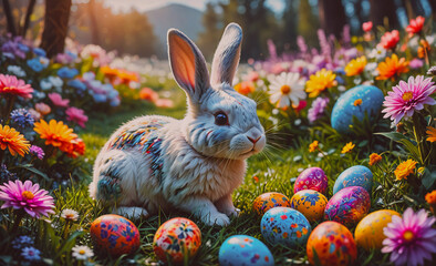 Poster - Rabbit is sitting in a field of flowers and eggs. The rabbit is white and has a black nose. There are many eggs scattered around the field, some of which are painted