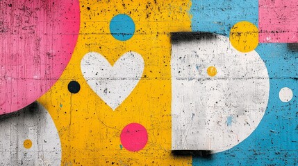 Poster - Colorful Abstract Wall Art with Geometric Shapes and Heart Pattern on Concrete Background