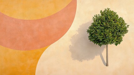 Poster - Lush Green Tree Against Colorful Geometric Background in Warm Shades of Orange and Yellow