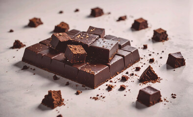 Poster - Chocolate bar with a pile of chocolate chips on top. The chocolate bar is cut into squares