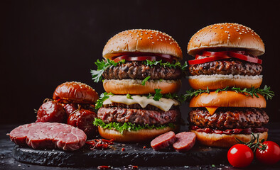 Poster - Three hamburgers with different toppings are on a table. One has a slice of cheese, another has a slice of tomato, and the third has a slice of ham