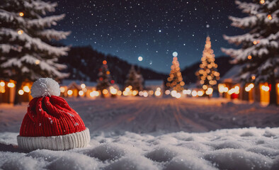 Poster - Red hat with a white pom pom sits on the snow. The hat is placed on the ground in front of a Christmas tree