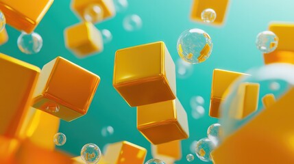 Poster - Minimalist abstract D illustration of glowing cubes and spheres representing smart technology innovation, with ample copy space