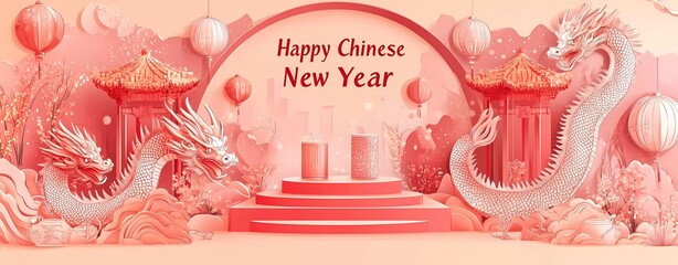 Leinwandbilder - Chinese New Year background with podium and paper-cut dragon vector illustration. 