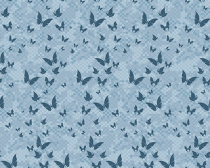 Poster - Seamless pixel background with blue butterflies.
