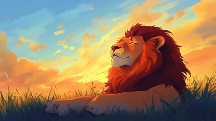 Canvas Print - Majestic lion rests peacefully in tall grass at sunset, enjoying serene moment.