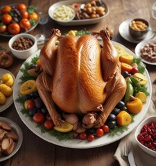 Wall Mural - A delicious roasted turkey on a platter with side dishes, feast, Thanksgiving, side dishes