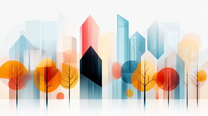 Poster - Abstract cityscape with vibrant autumn trees and modern buildings in soft focus