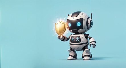 Poster - robot with shield, digital data protection concept . Generative AI