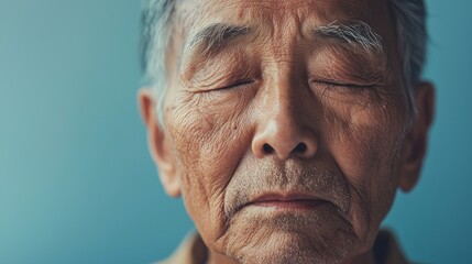 Wall Mural - an elderly asian man with closed eyes sunken in meditation