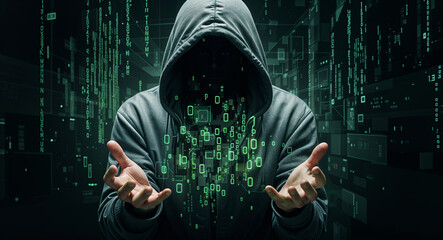 Poster - hacker without a face in a hood with a neon interface on the background . Generative AI