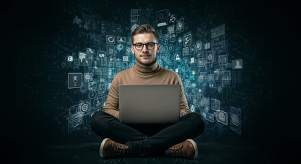 Poster - programmer with laptop on neon tech background . Generative AI