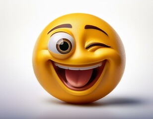 a fun-loving emoji with one eye winking mouth open in laughter set against a clean white backdrop wi