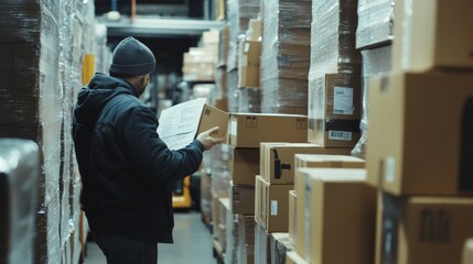Poster - Warehouse worker organizing packages delivery center photo indoor storage close-up logistics management