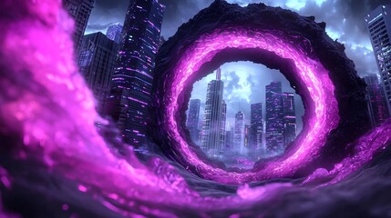 Poster - Luminescent waves of data and light converging to create a stunning cityscape in a visionary digital dimension featuring neon infused architecture with flowing organic forms
