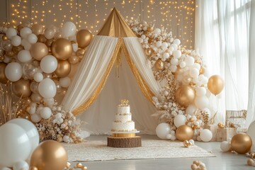 Wall Mural - A birthday party with a tent and a cake