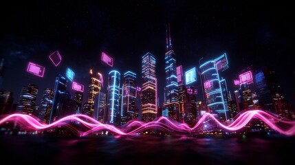 Poster - Incandescent Pulses of Light and Sound Orchestrating a Breathtaking Futuristic Cityscape a glittering skyline of neon lit skyscrapers