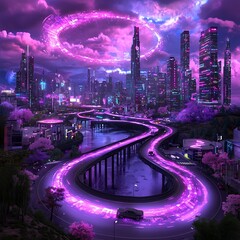 Poster - Captivating futuristic metropolis illuminated by vibrant neon streams and intricate digital energy visualizations a sleek and modern urban vista awash in a symphony of chromatic hues