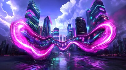 Poster - Luminescent waves of data and light converging to create a stunning cityscape in a visionary digital dimension with neon infused architecture featuring flowing organic forms vivid color gradients