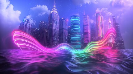 Poster - Luminescent waves of data and light converging to create a stunning visionary cityscape in a futuristic digital dimension  Neon infused architecture with flowing organic forms