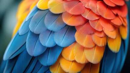 Wall Mural - Close-up vibrant blue, orange, red parrot feathers.