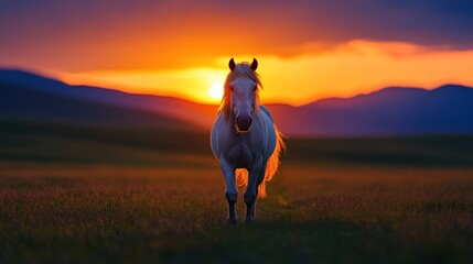 Wall Mural - Majestic White Horse at Sunset in a Serene Meadow