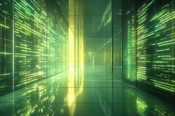 Poster - Green corridor with glowing data streams on walls. Illustrates data flow, digital technology, or cybersecurity concepts.