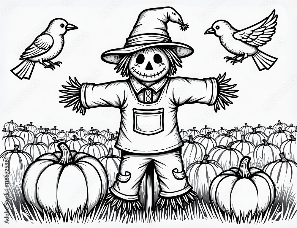 Coloring page of a scarecrow in a field surrounded by pumpkins and ...