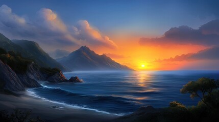 Wall Mural - the sunset over the ocean with mountains in the background