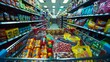 © Khalis Mustapha - A shopping cart filled with colorful candy and chocolate bars in a supermarket aisle showcasing sweet treats for purchase