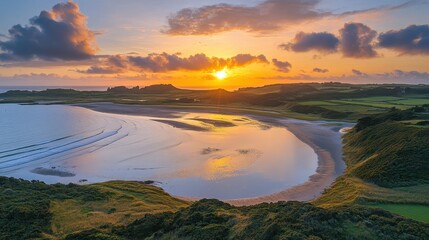 Wall Mural - sunset over a secluded bay, reflecting golden light. perfect for travel, nature, and serenity themes