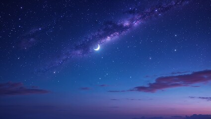 a breathtakingly serene starry night sky with a blanket of twinkling stars, a crescent moon, and sof