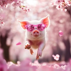 Poster - A playful piglet wearing pink sunglasses leaps through a blossoming cherry tree, petals falling around it.