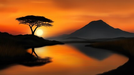 Wall Mural - a painting of a sunset with a tree and water