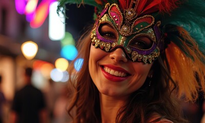 Colorful Carnival Celebration With Cheerful Woman in Vibrant Mask Enjoying the Festivities at Night