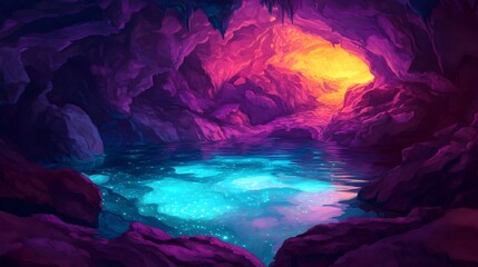 Wall Mural - magical cave, glowing water, fantasy art - vibrant colors