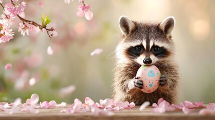 Easter animal cosplay concept. A cute raccoon holds a pastel Easter egg amidst blooming cherry blossoms, creating a whimsical springtime scene.