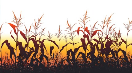 Corn stalks silhouetted against a striking sunset sky Full depth of field, isolated on white background